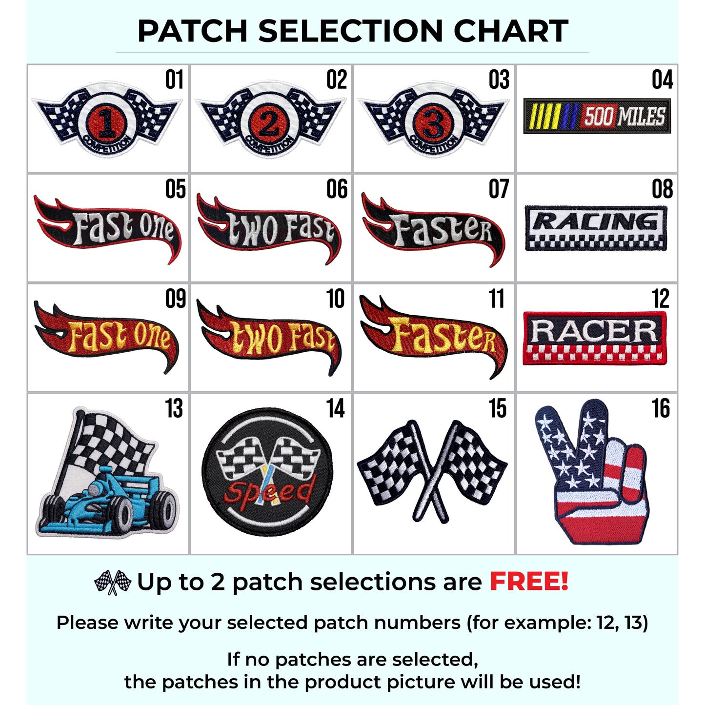 Free patch selection chart with 16 racing patch options