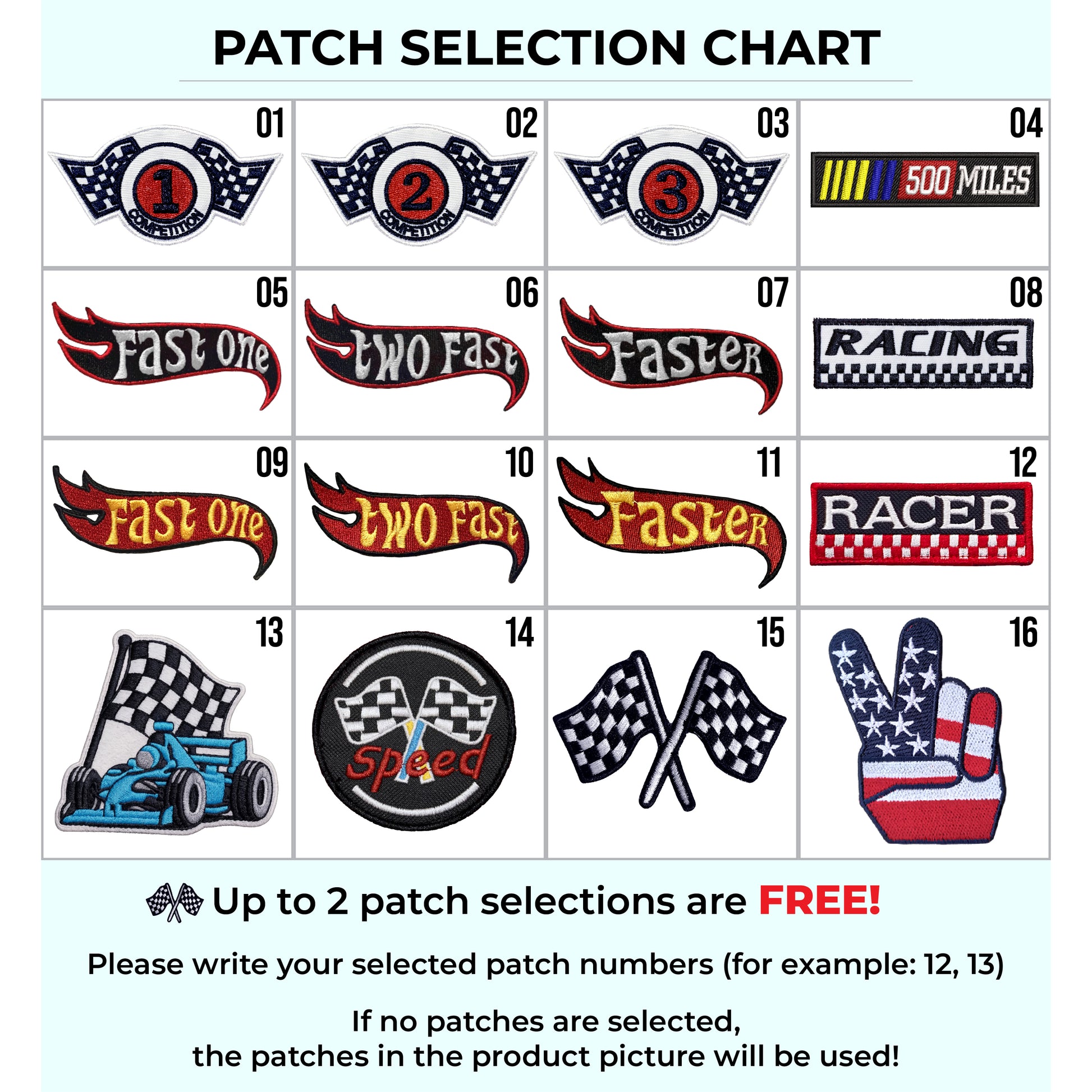 Free patch selection chart with 16 racing patch options