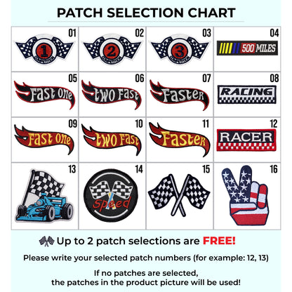 Free patch selection chart with 16 racing patch options