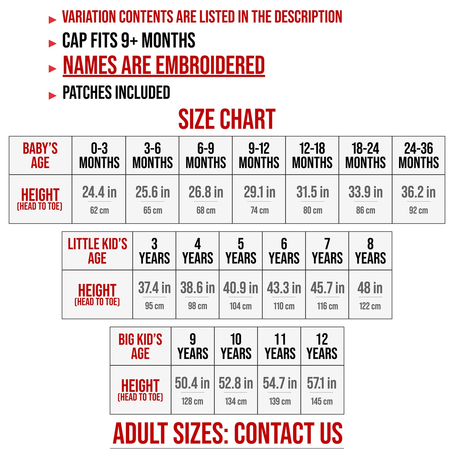 Size chart for personalized race car driver costume 0-3 months to 12 years