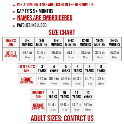 Size chart for personalized race car driver costume 0-3 months to 12 years