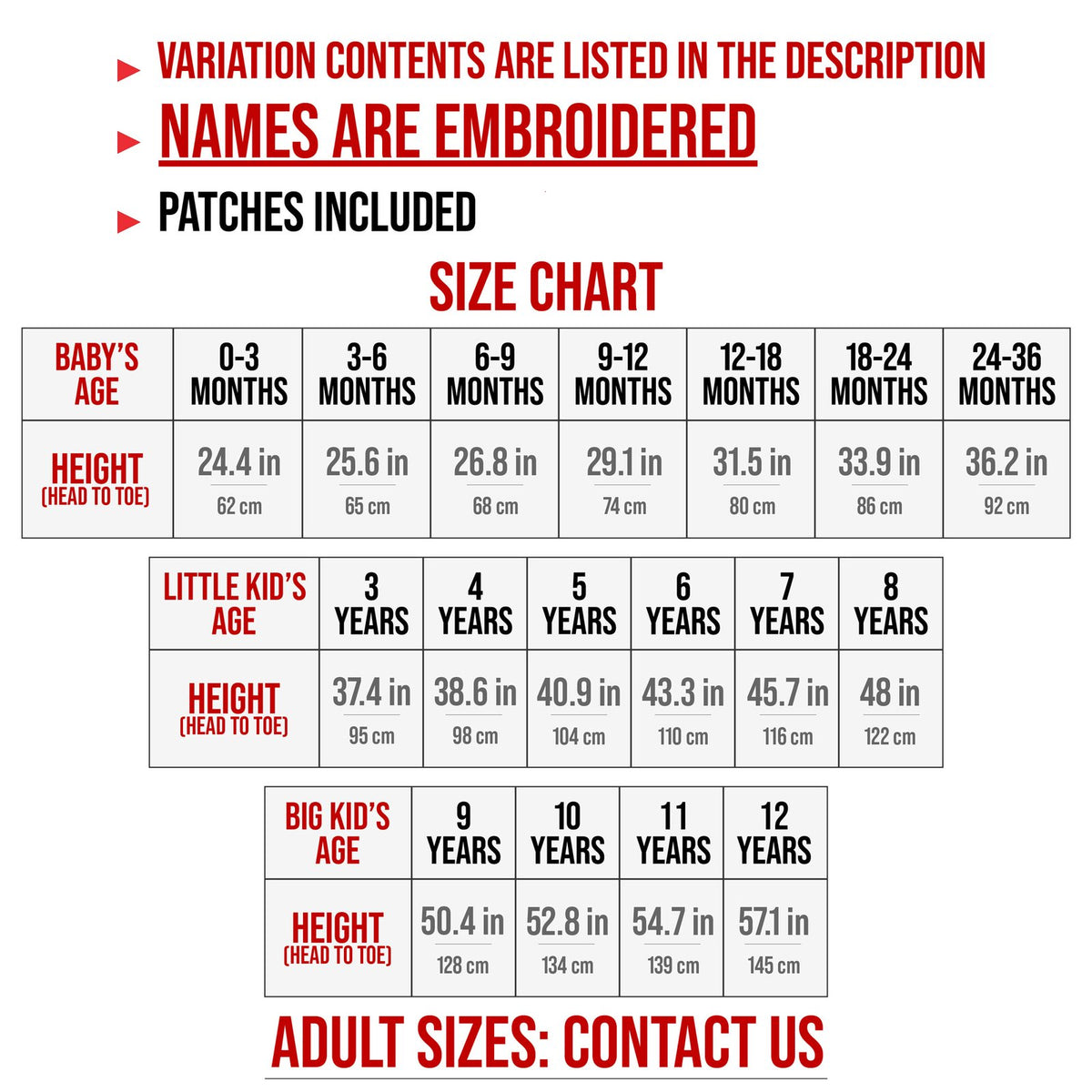 Kids costume size chart 0-3 months to 12 years by height in inches and cm