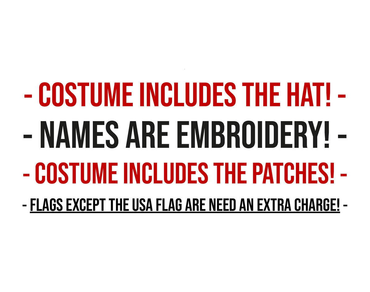 Pilot costume — what is included: hat, embroidered names and patches