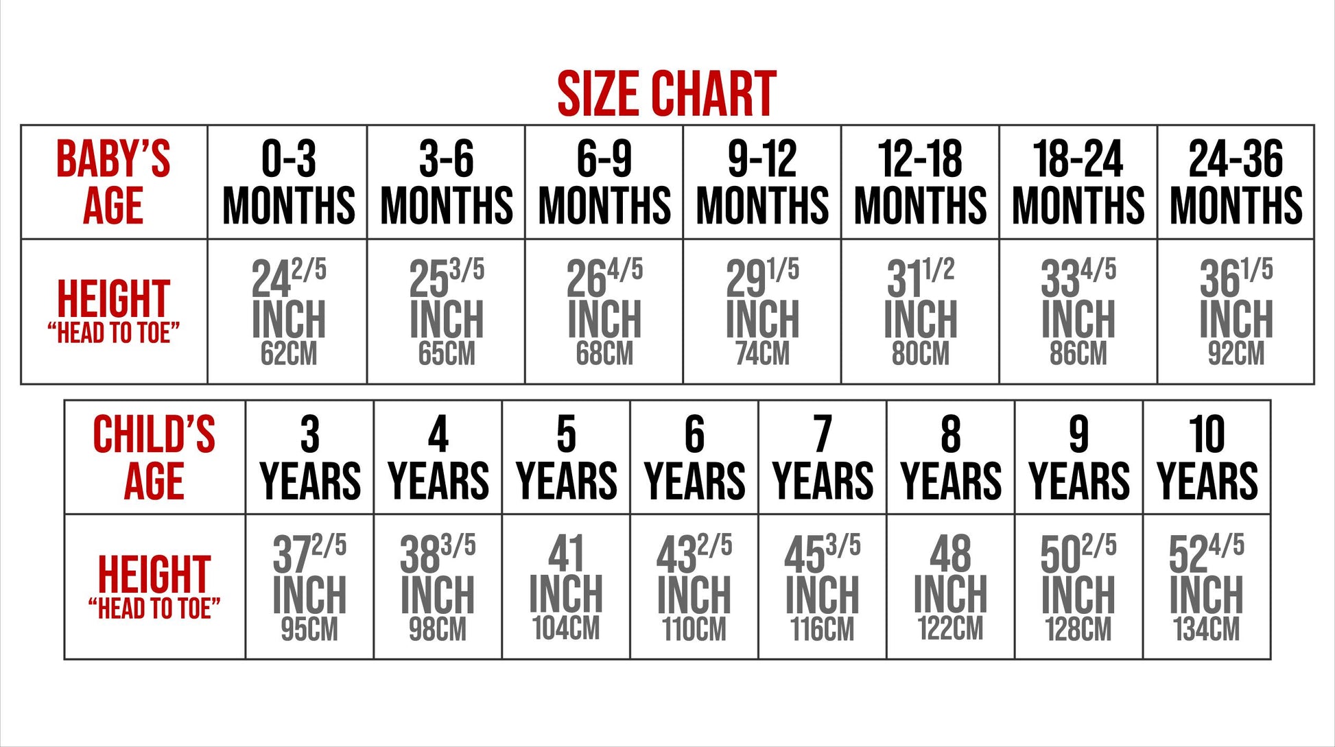 Red Riding Hood Costume for Girls — size chart