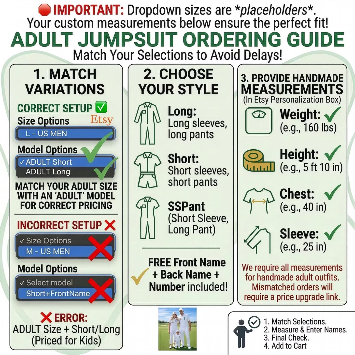 Matching Family Golf Caddie Jumpsuit Set — size chart