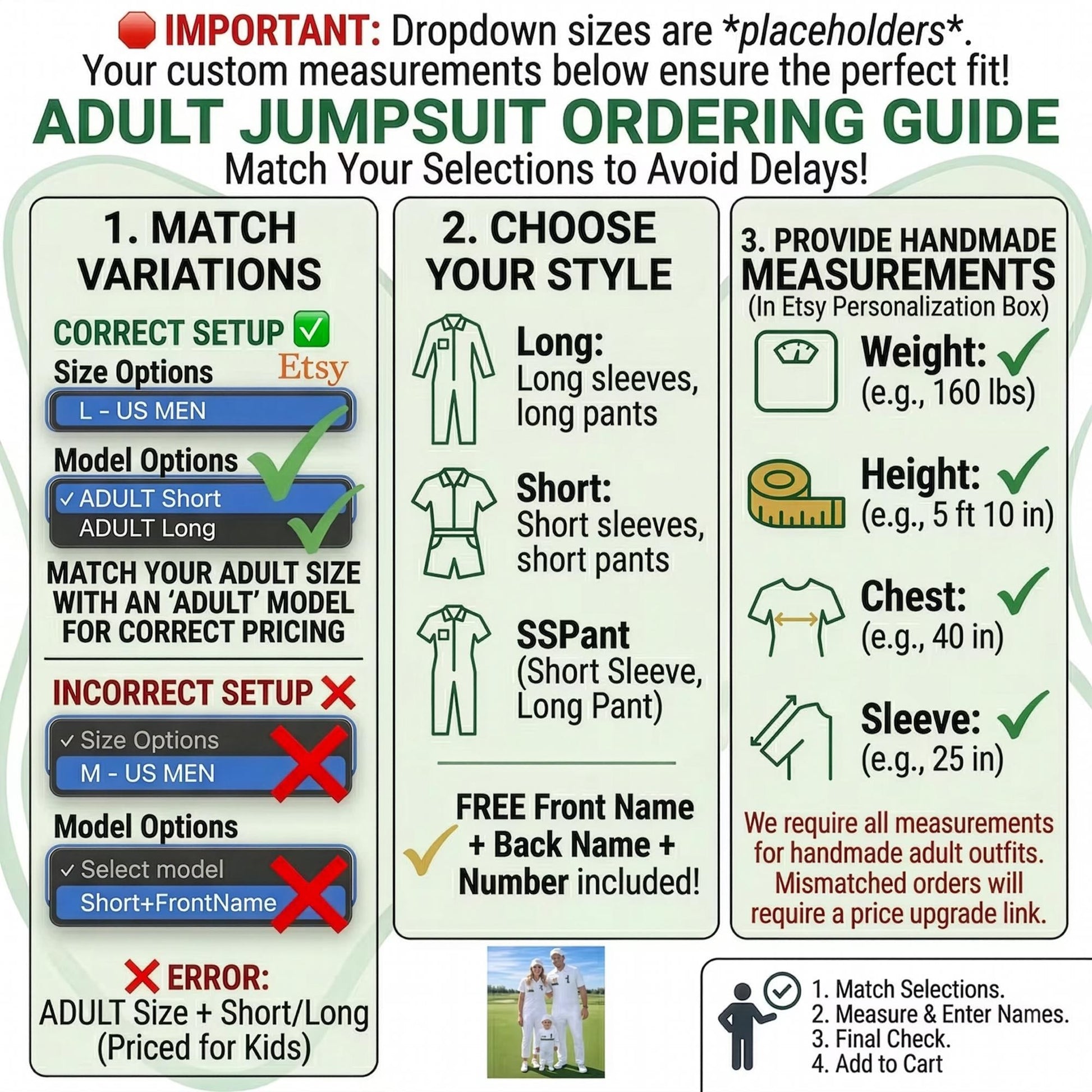 Matching Family Golf Caddie Jumpsuit Set — size chart