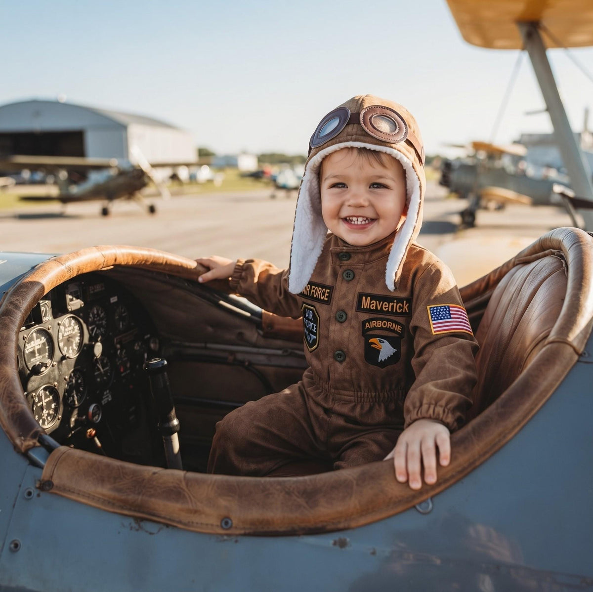 Brown aviator pilot costume for kids with fur-lined pilot cap