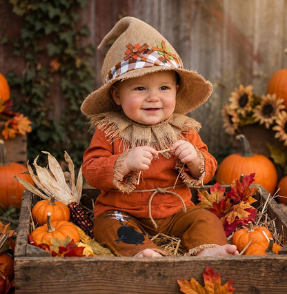 Baby scarecrow costume with straw hat for Halloween and fall photos