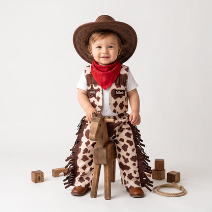 Toddler cowboy costume with cow print fringed vest, chaps pants and red bandana