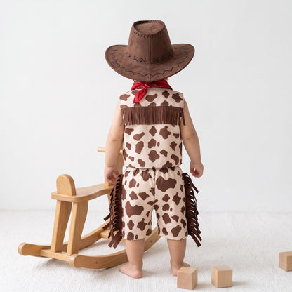 Toddler cowboy costume with cow print fringed vest, chaps pants and red bandana — photo 10