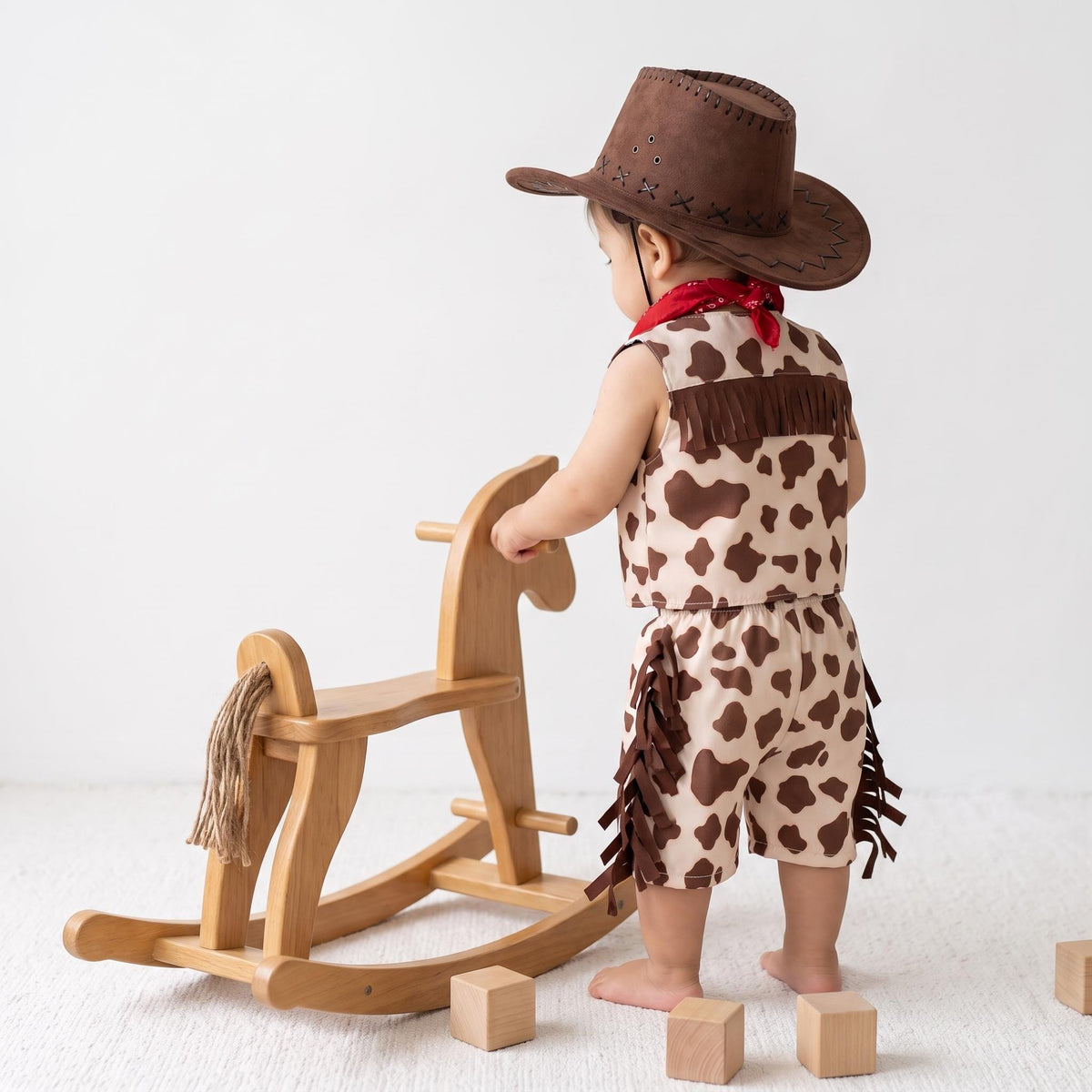 Toddler cowboy costume with cow print fringed vest, chaps pants and red bandana — photo 11