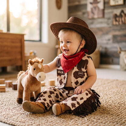 Toddler cowboy costume with cow print fringed vest, chaps pants and red bandana — photo 9