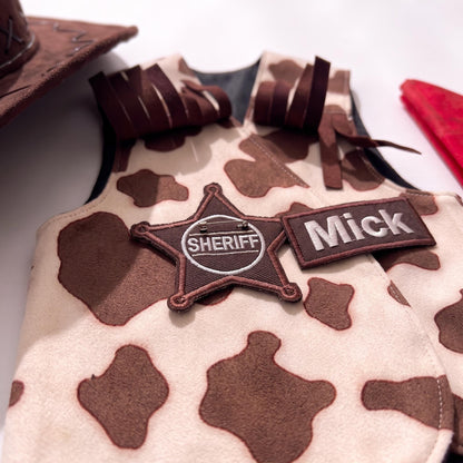 Toddler cowboy costume with cow print fringed vest, chaps pants and red bandana — photo 4