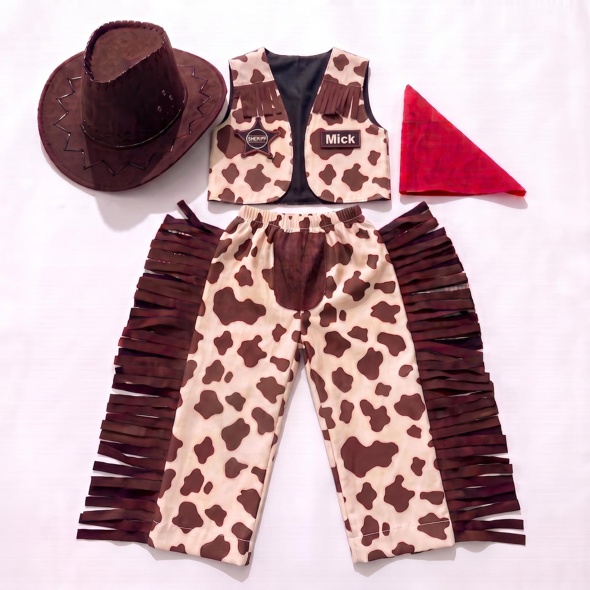 Toddler cowboy costume with cow print fringed vest, chaps pants and red bandana — photo 5