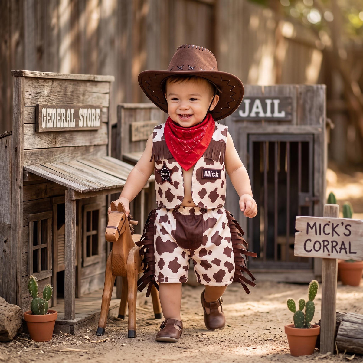 Toddler cowboy costume with cow print fringed vest, chaps pants and red bandana — photo 6