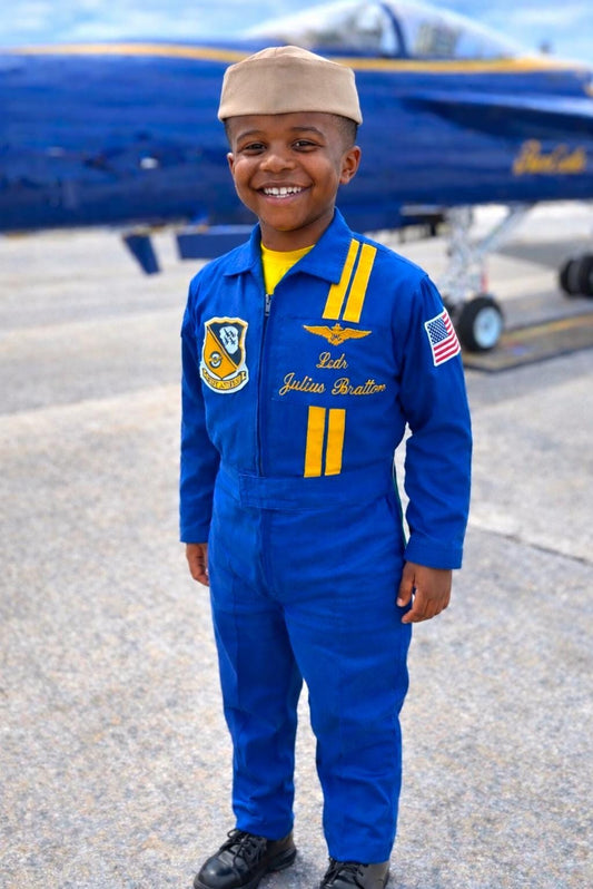 Royal blue pilot flight suit costume for kids