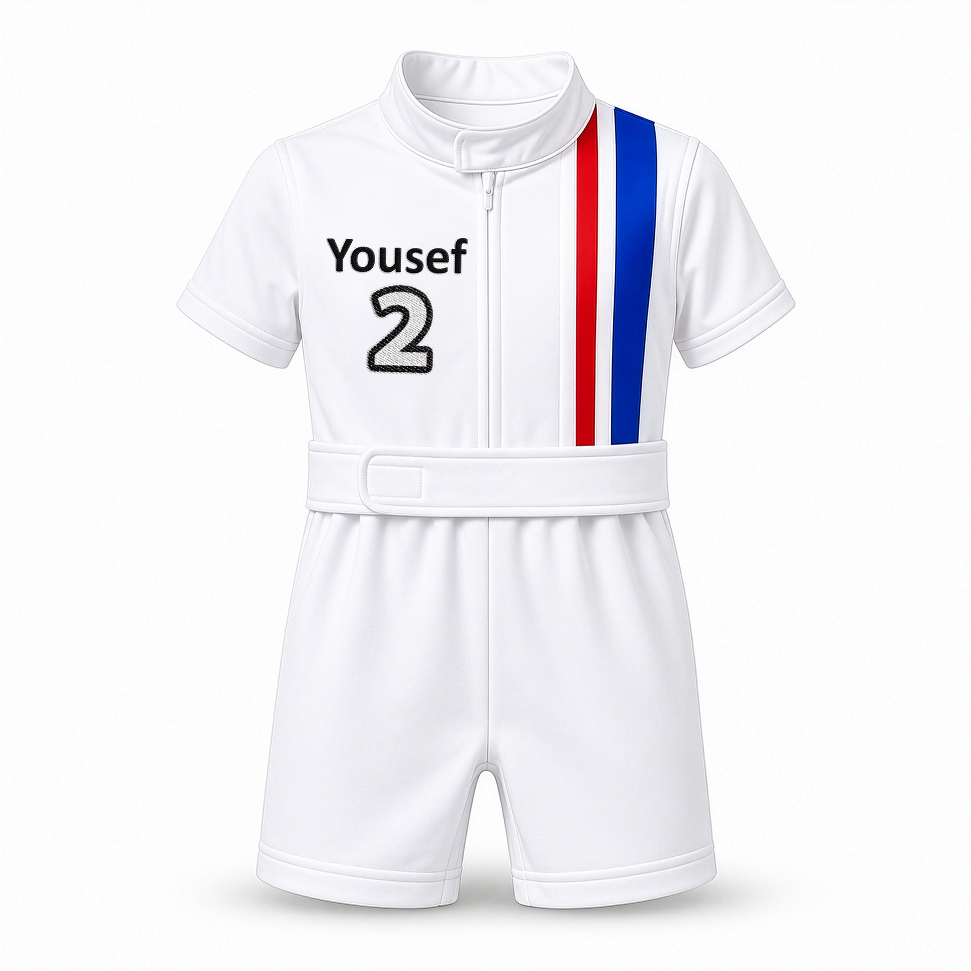White kids racing suit with custom embroidered name and number on front