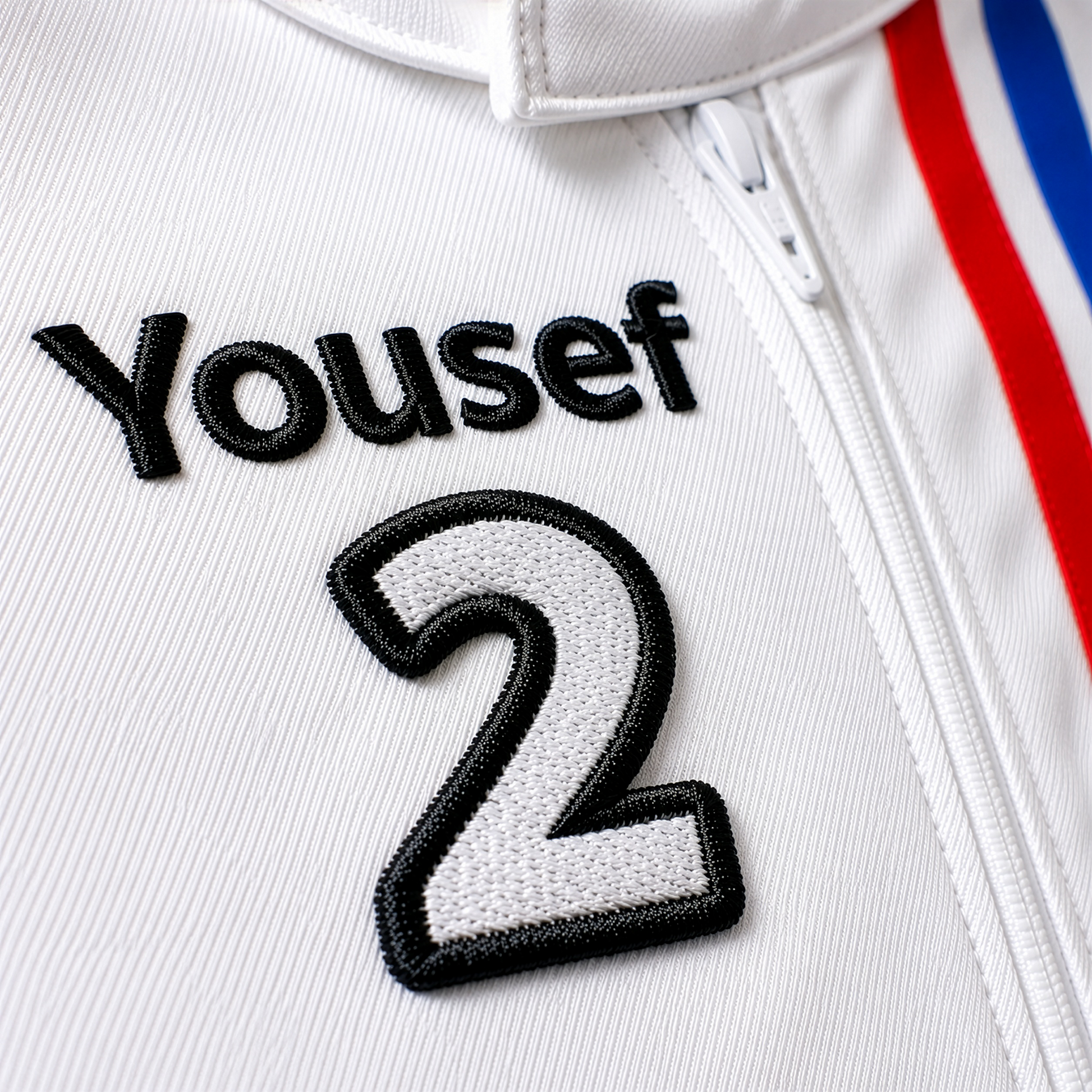 Close-up of embroidered name and racing number on cotton gabardine race suit