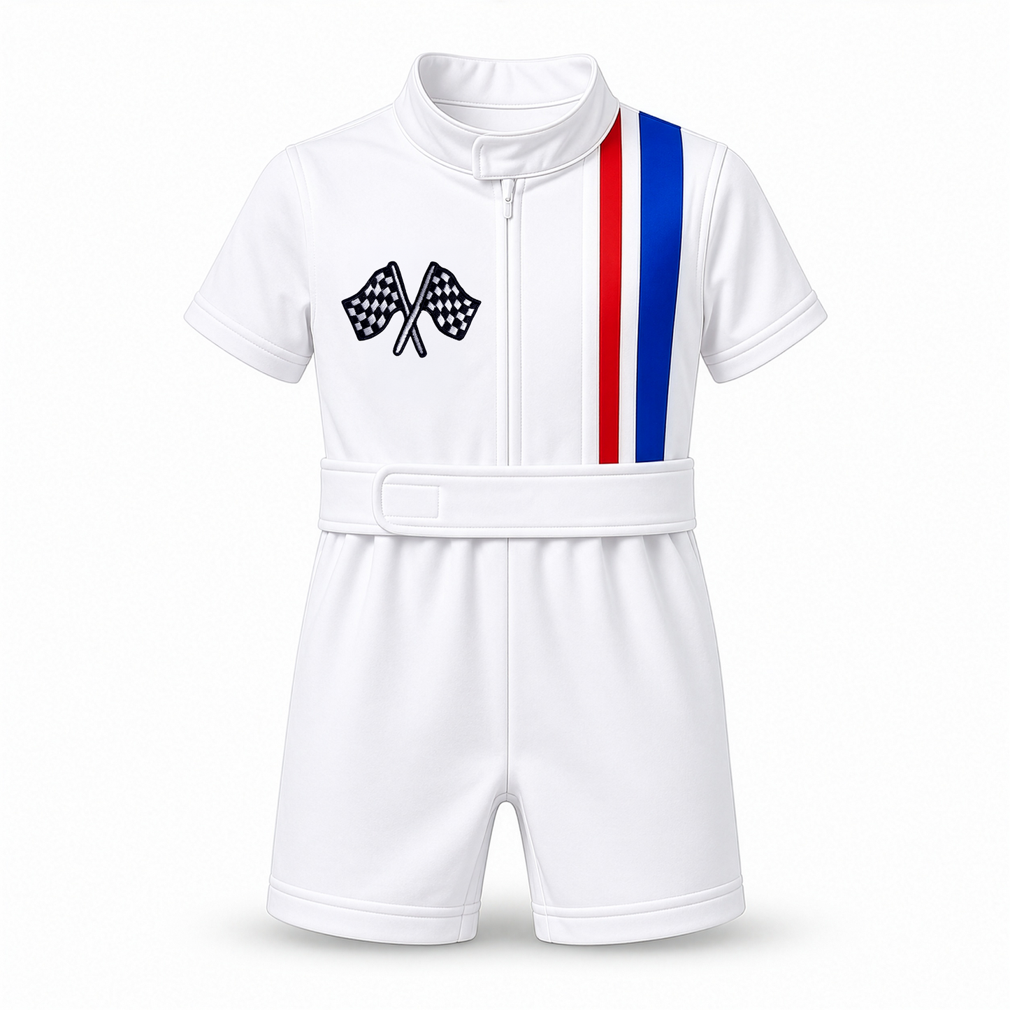 Checkered flags patch option on kids racing costume