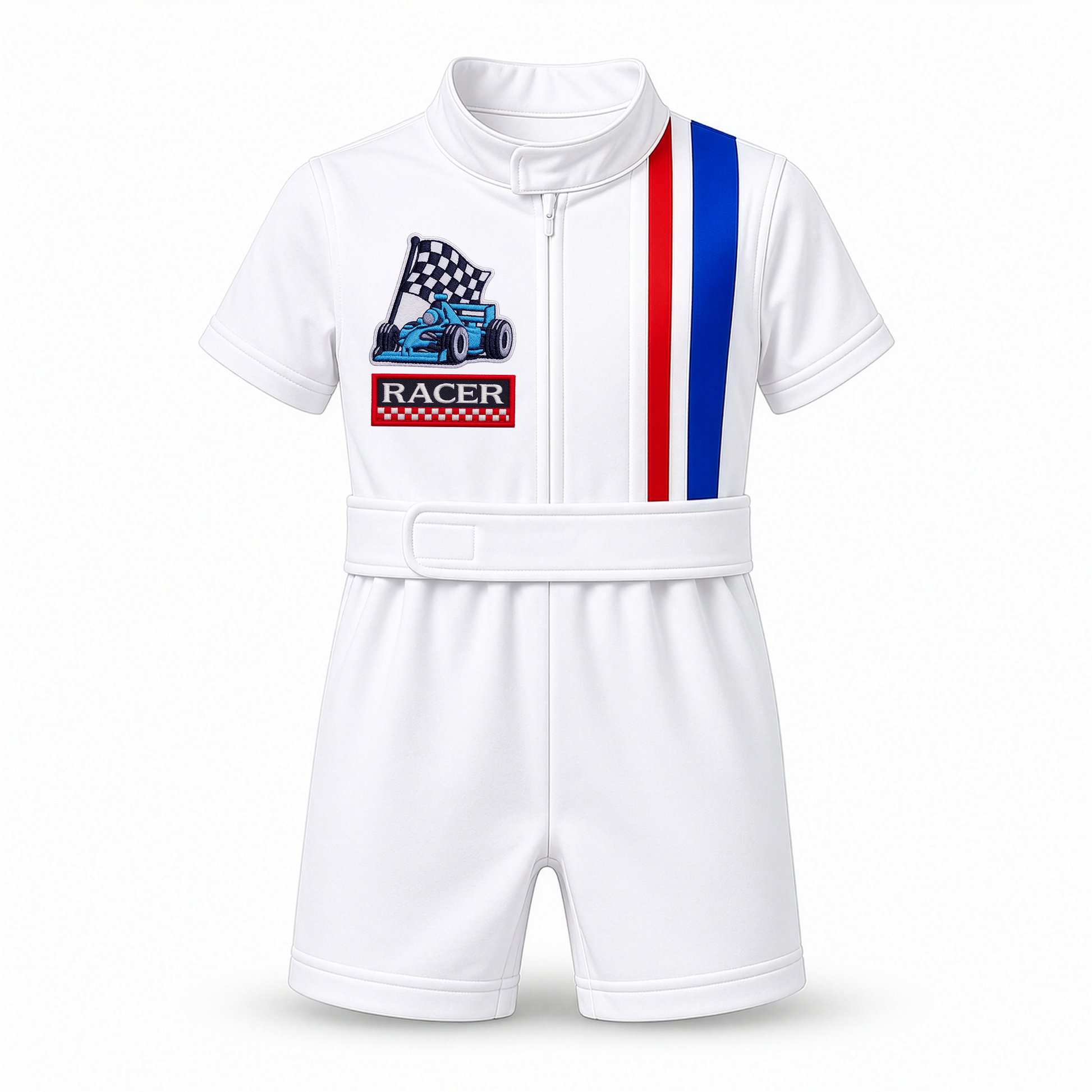 Racer and race car patch combination on custom kids costume