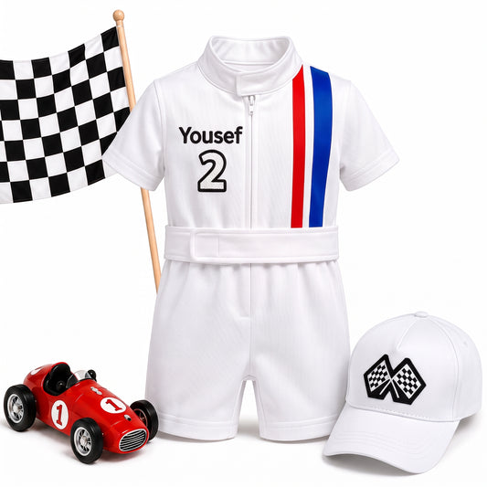 Personalized race car driver costume for kids with custom name and number, checkered flag and racing cap