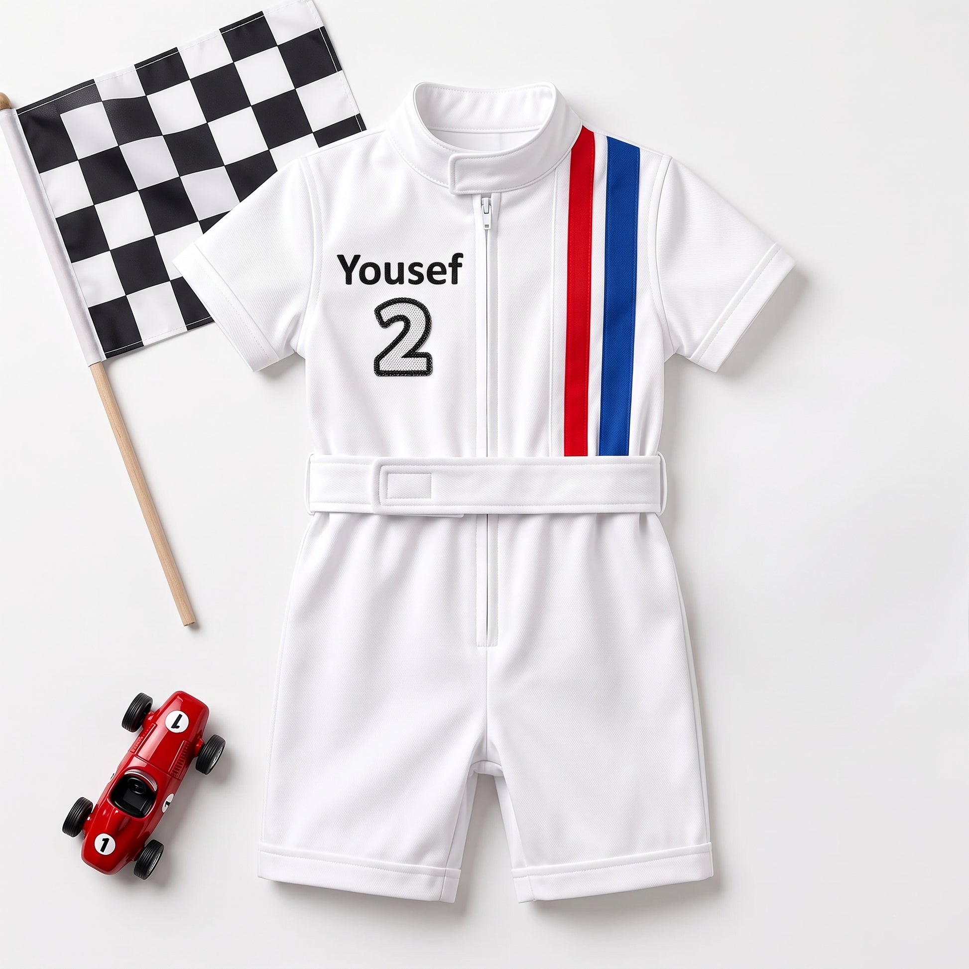 Short sleeve and shorts style personalized race car costume flat lay