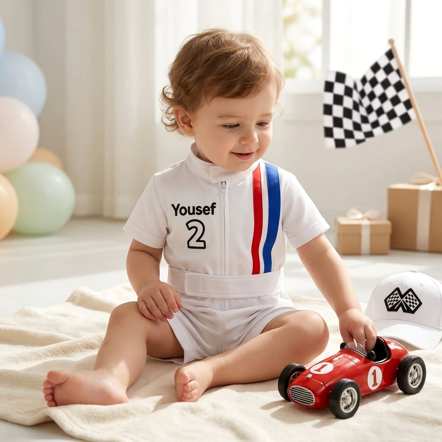 Baby boy in custom race car outfit playing with toy race car
