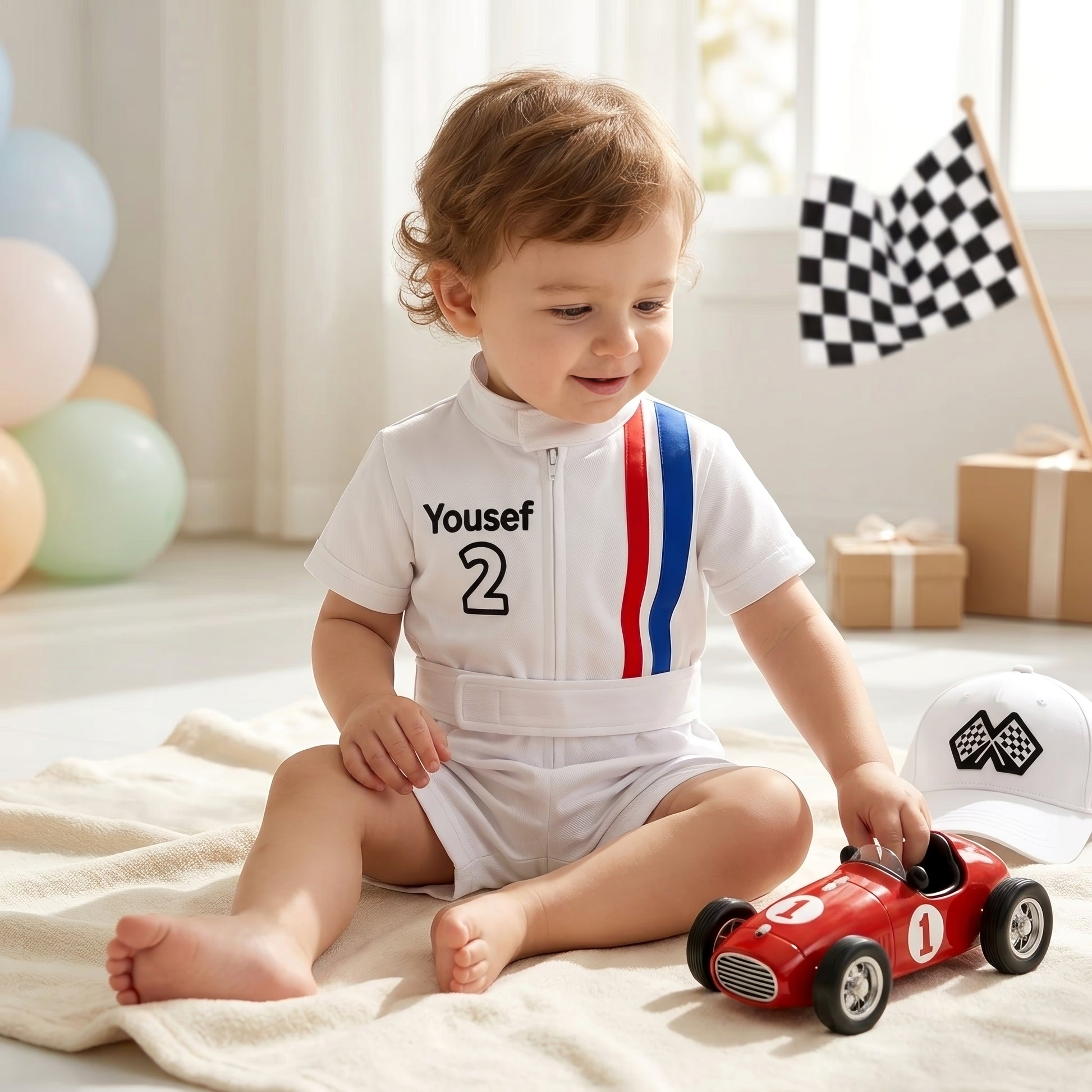 Baby boy in custom race car outfit playing with toy race car