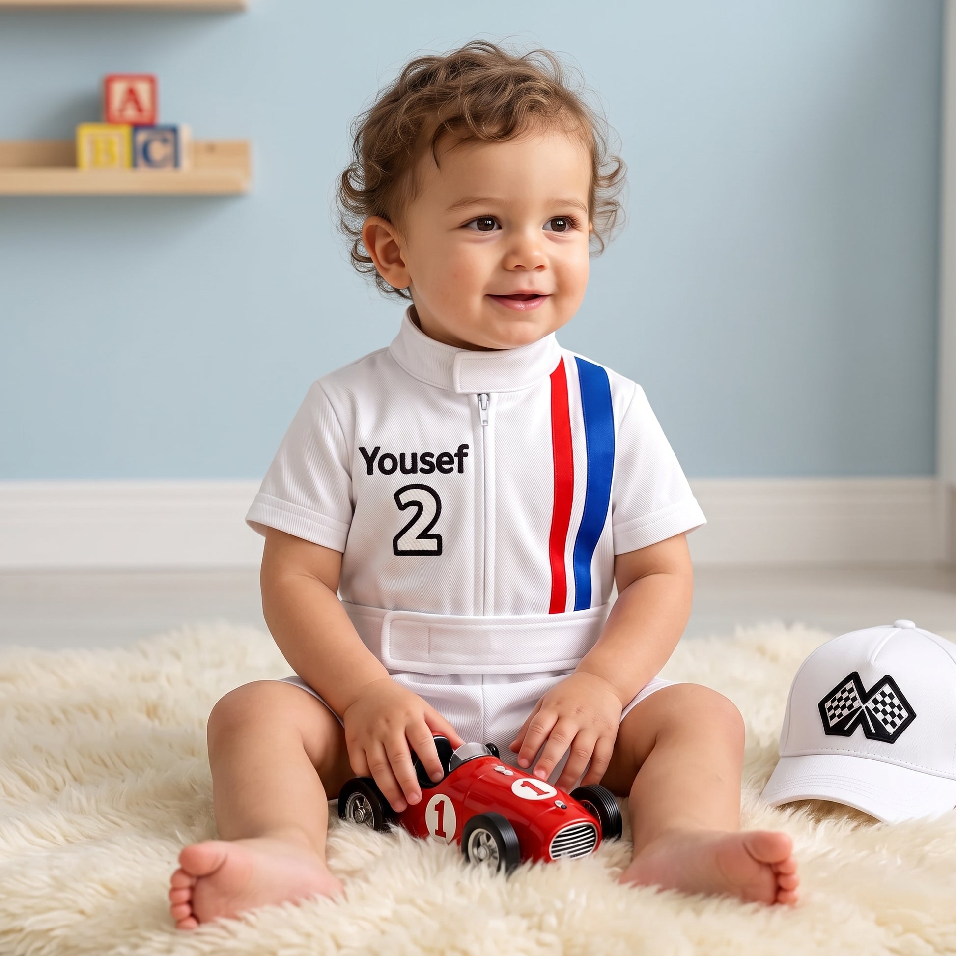 Toddler wearing personalized race car driver costume with embroidered name for two fast birthday