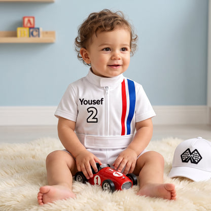 Toddler wearing personalized race car driver costume with embroidered name for two fast birthday